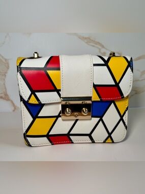L’Atelier Caesars Geometric Crossbody Bag Mondrian Style Gold Chain Purse